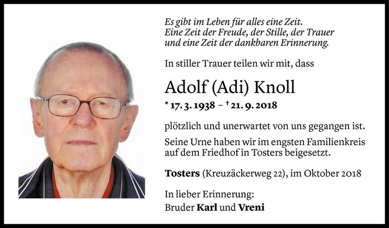  Todesanzeige für Adolf Knoll vom 02.10.2018 aus Vorarlberger Nachrichten