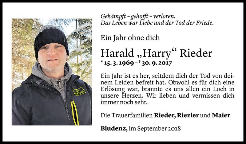  Todesanzeige für Harald Rieder vom 29.09.2018 aus Vorarlberger Nachrichten