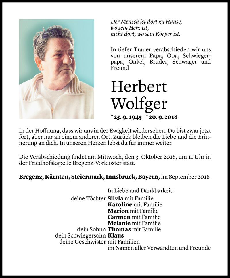  Todesanzeige für Herbert Wolfger vom 28.09.2018 aus Vorarlberger Nachrichten