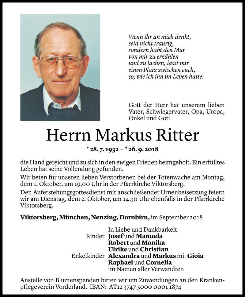  Todesanzeige für Markus Ritter vom 29.09.2018 aus Vorarlberger Nachrichten