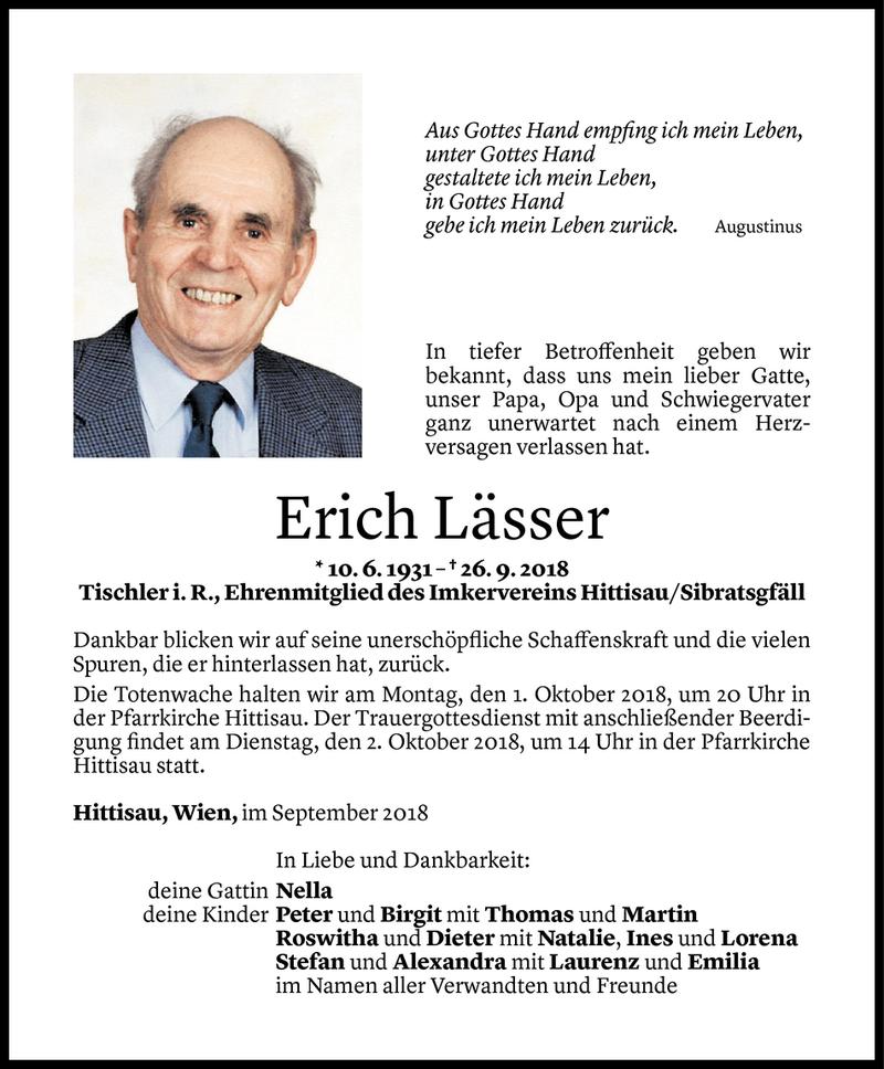  Todesanzeige für Erich Lässer vom 28.09.2018 aus Vorarlberger Nachrichten