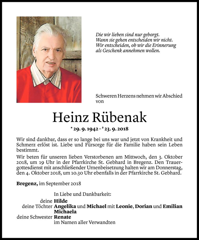  Todesanzeige für Heinz Rübenak vom 28.09.2018 aus Vorarlberger Nachrichten