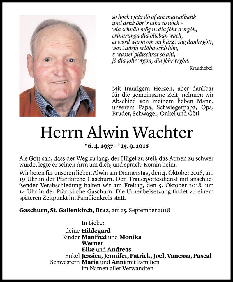  Todesanzeige für Alwin Wachter vom 28.09.2018 aus Vorarlberger Nachrichten