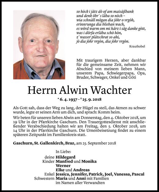 Todesanzeige von Alwin Wachter von Vorarlberger Nachrichten