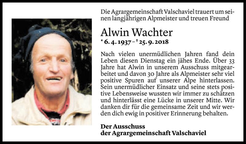  Todesanzeige für Alwin Wachter vom 28.09.2018 aus Vorarlberger Nachrichten