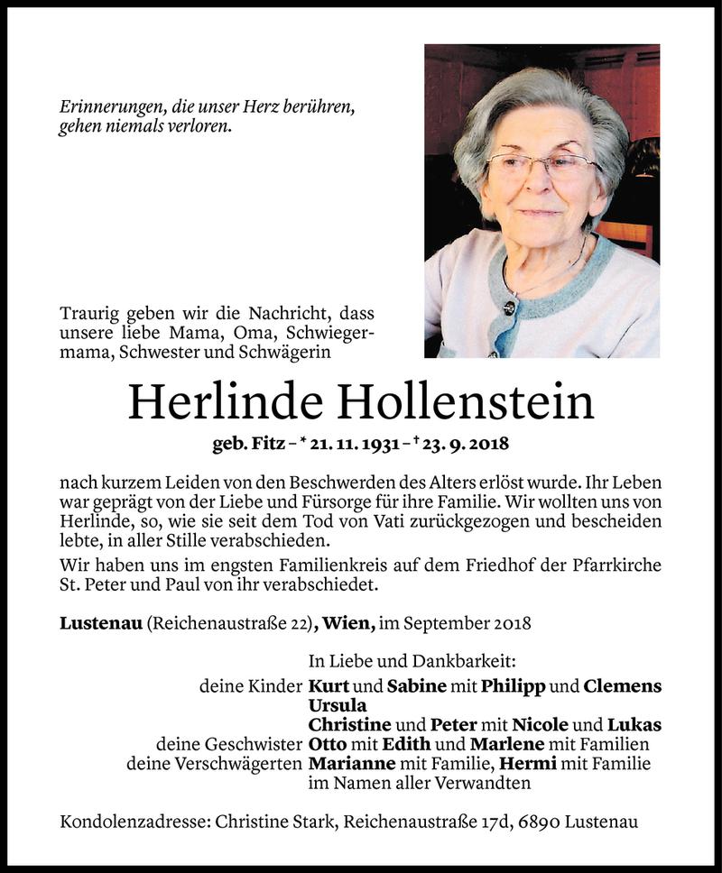  Todesanzeige für Herlinde Hollenstein vom 28.09.2018 aus Vorarlberger Nachrichten