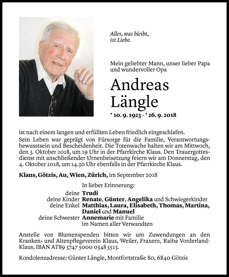 Todesanzeigen von Andreas Längle | Todesanzeigen Vorarlberger Nachrichten