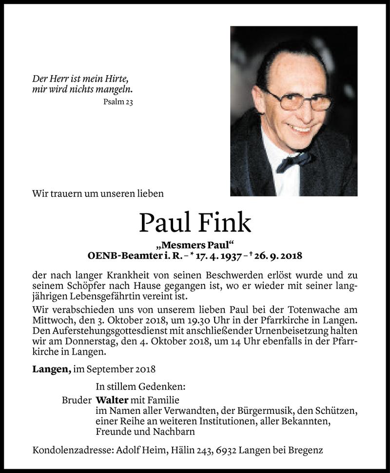  Todesanzeige für Paul Fink vom 28.09.2018 aus Vorarlberger Nachrichten