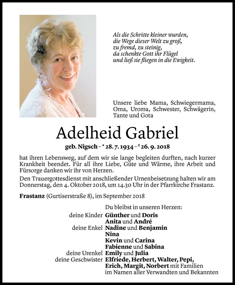  Todesanzeige für Adelheid Gabriel vom 02.10.2018 aus Vorarlberger Nachrichten
