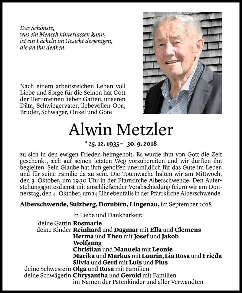 Todesanzeige für Alwin Metzler vom 01.10.2018 aus Vorarlberger Nachrichten