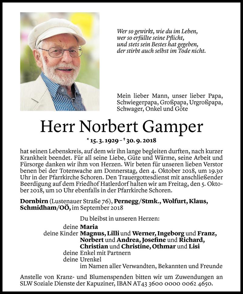  Todesanzeige für Norbert Gamper vom 02.10.2018 aus Vorarlberger Nachrichten