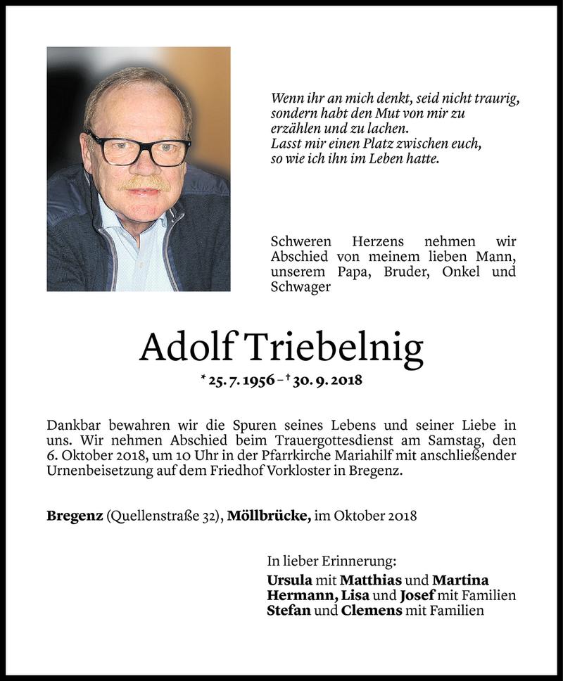  Todesanzeige für Adolf Triebelnig vom 02.10.2018 aus Vorarlberger Nachrichten