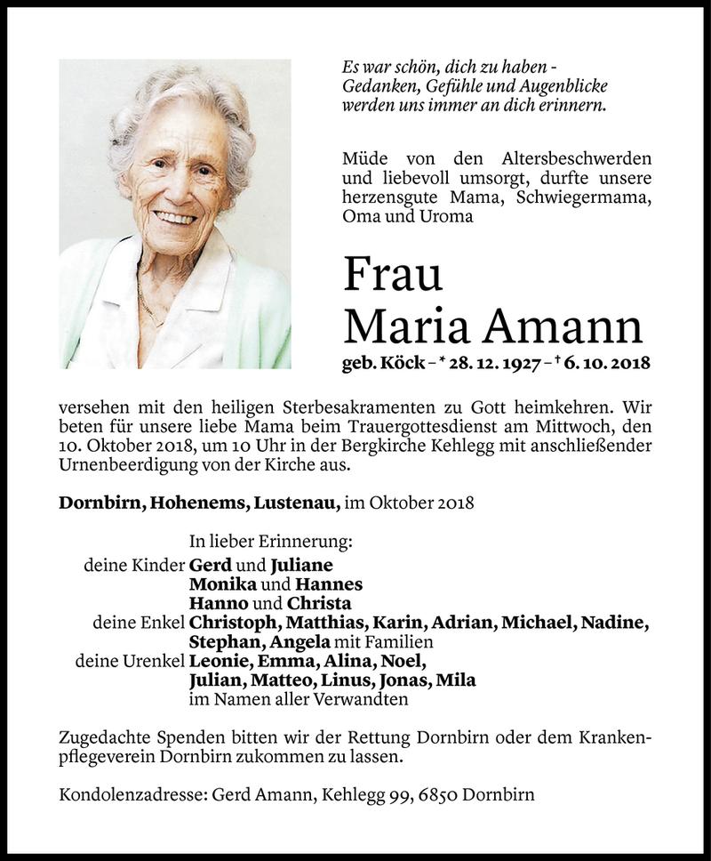  Todesanzeige für Maria Amann vom 07.10.2018 aus Vorarlberger Nachrichten