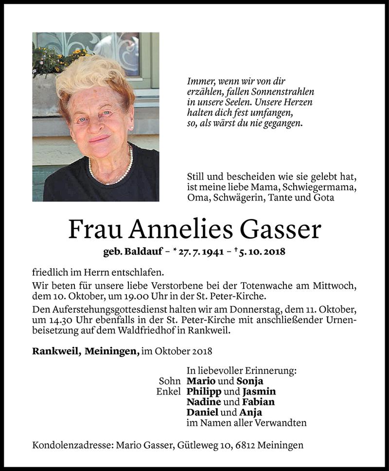 Todesanzeigen von Annelies Gasser | Todesanzeigen Vorarlberger Nachrichten