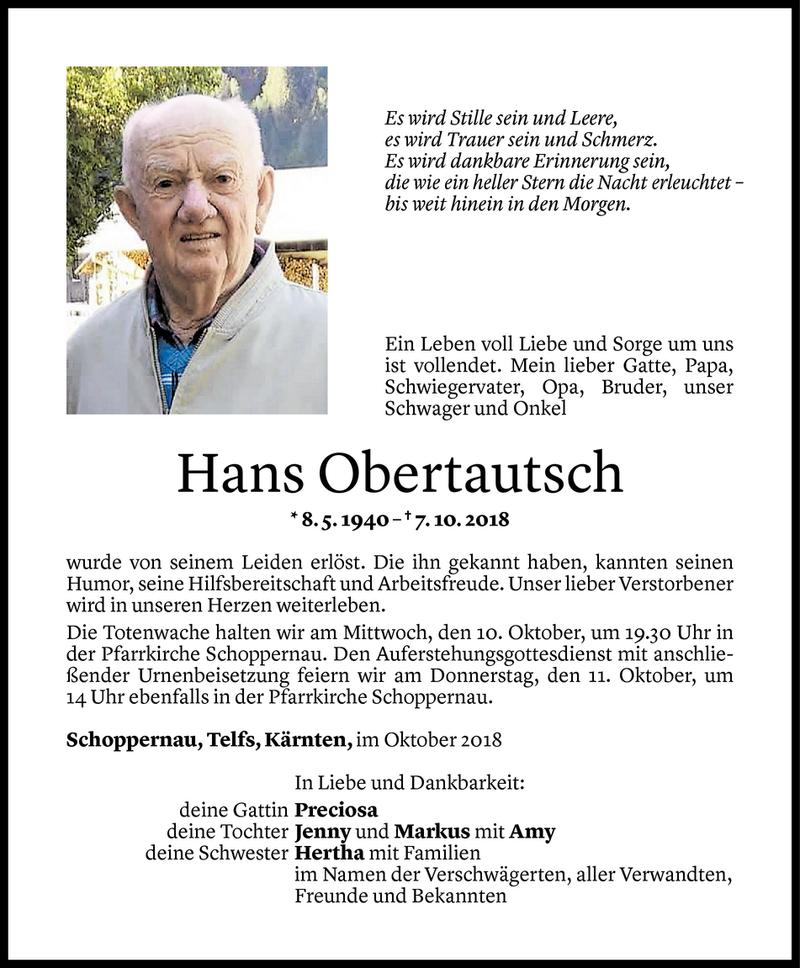  Todesanzeige für Hans Obertautsch vom 08.10.2018 aus Vorarlberger Nachrichten