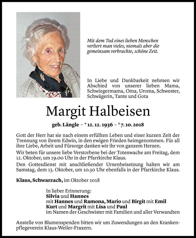  Todesanzeige für Margit Halbeisen vom 10.10.2018 aus Vorarlberger Nachrichten