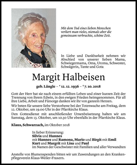 Todesanzeige von Margit Halbeisen von Vorarlberger Nachrichten