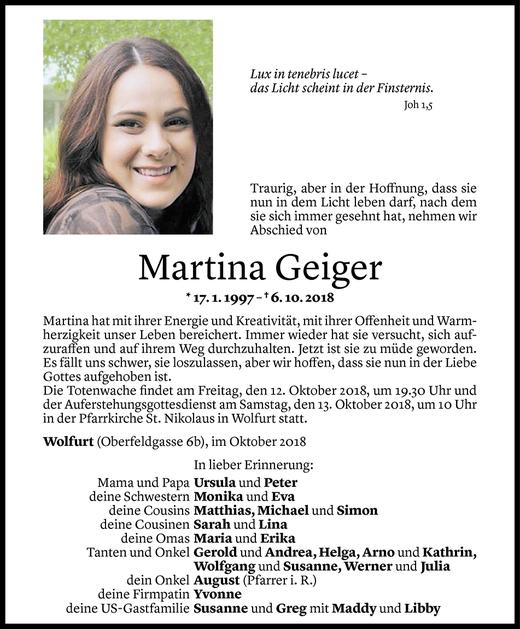 Todesanzeigen von Martina Geiger | Todesanzeigen Vorarlberger Nachrichten