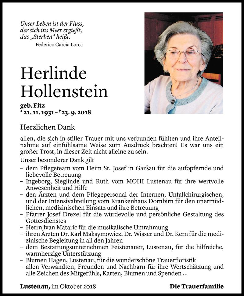  Todesanzeige für Herlinde Hollenstein vom 12.10.2018 aus Vorarlberger Nachrichten