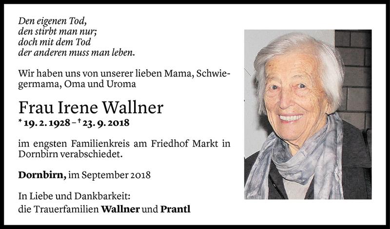  Todesanzeige für Irene Wallner vom 12.10.2018 aus Vorarlberger Nachrichten