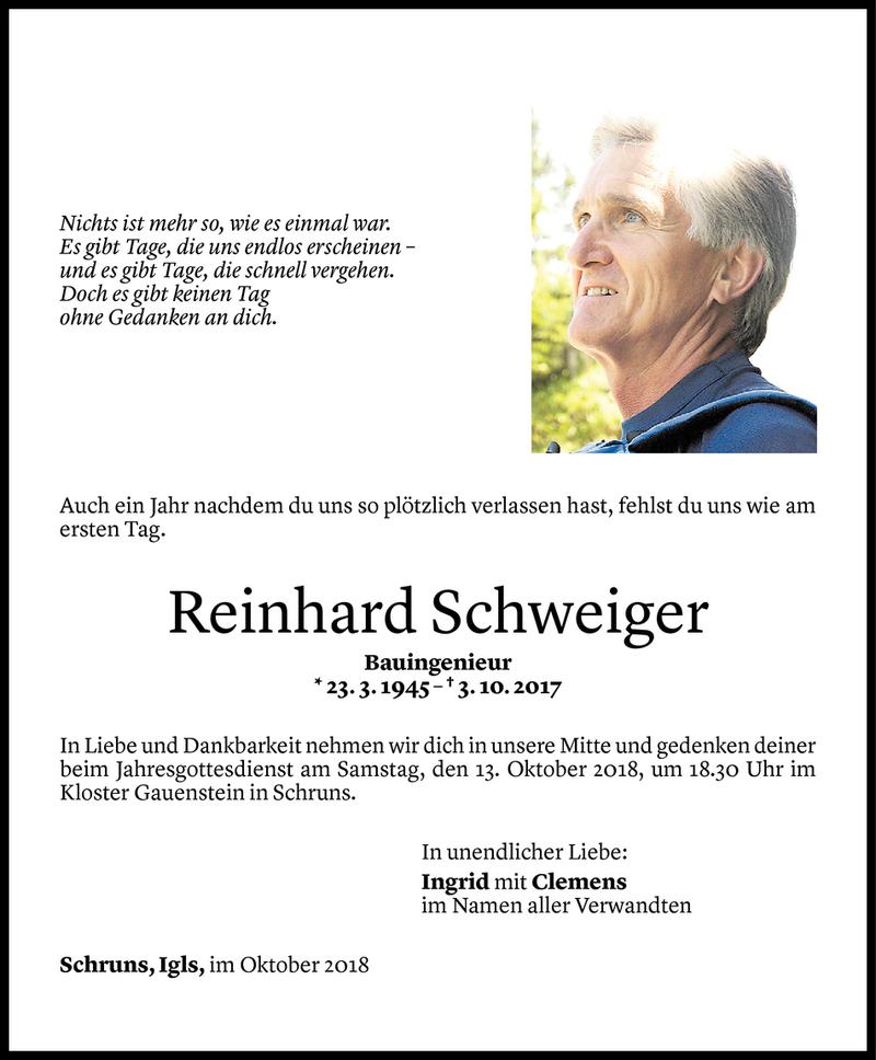  Todesanzeige für Reinhard Schweiger vom 11.10.2018 aus Vorarlberger Nachrichten