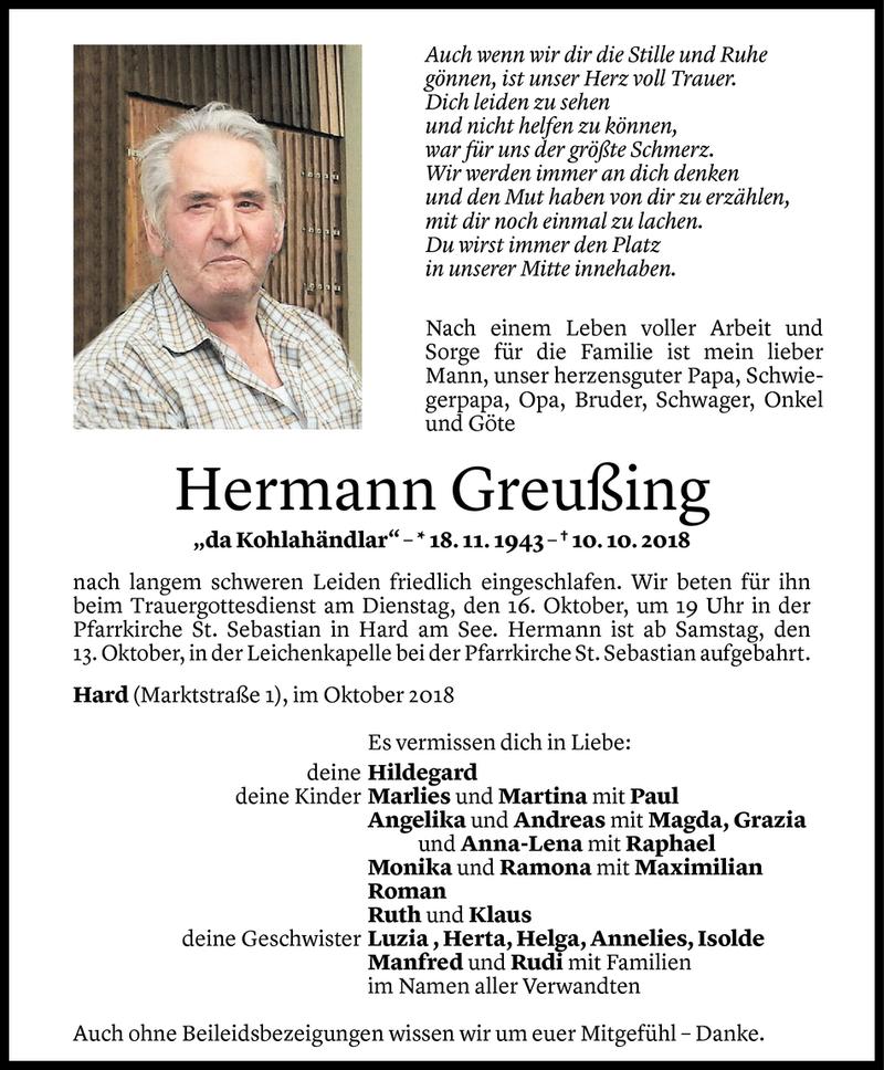  Todesanzeige für Hermann Greußing vom 12.10.2018 aus Vorarlberger Nachrichten