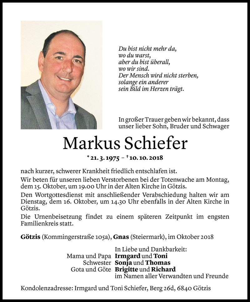  Todesanzeige für Markus Schiefer vom 13.10.2018 aus Vorarlberger Nachrichten
