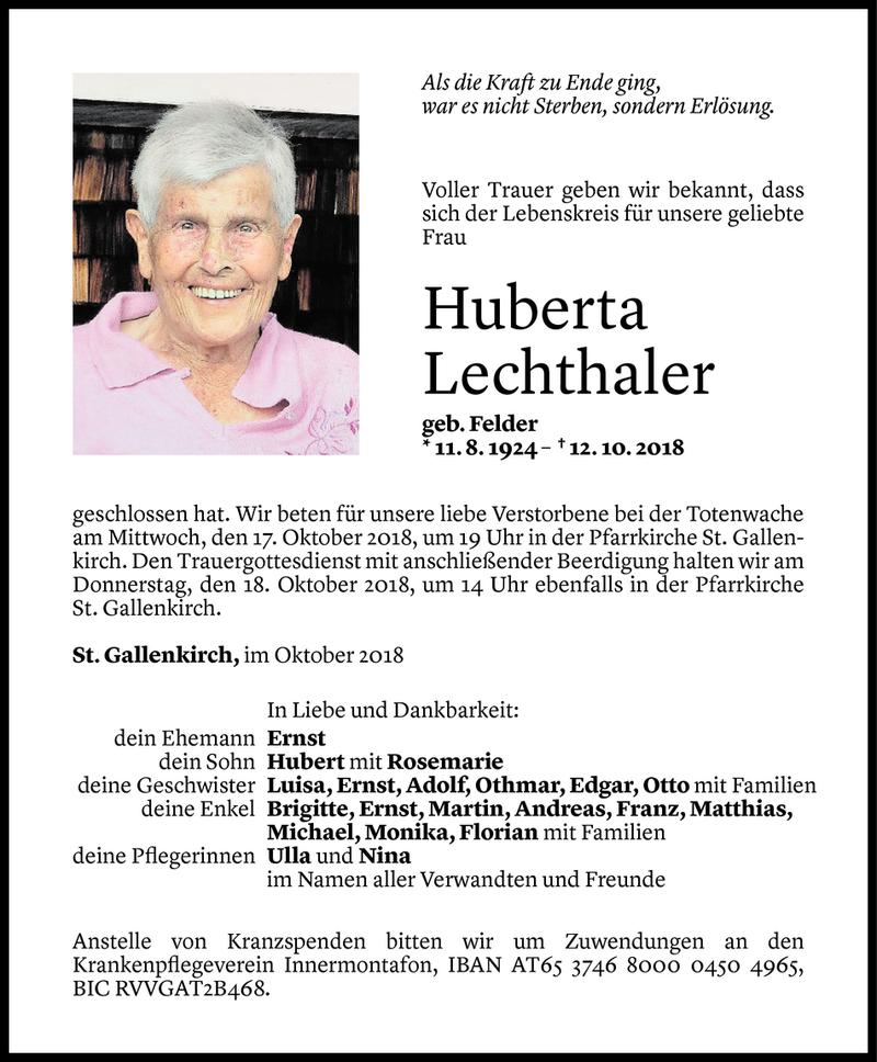  Todesanzeige für Huberta Lechthaler vom 14.10.2018 aus Vorarlberger Nachrichten