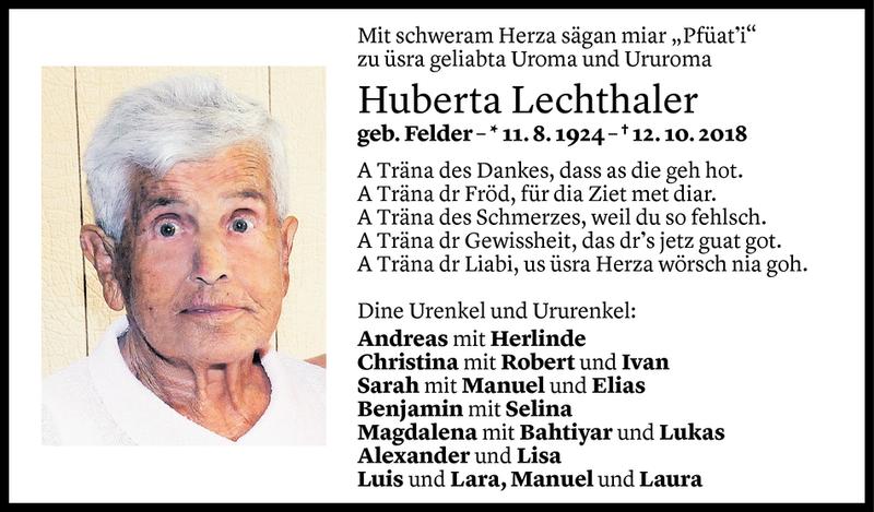  Todesanzeige für Huberta Lechthaler vom 15.10.2018 aus Vorarlberger Nachrichten