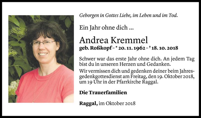  Todesanzeige für Andrea Kremmel vom 17.10.2018 aus Vorarlberger Nachrichten