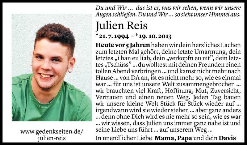  Todesanzeige für Julien Reis vom 19.10.2018 aus Vorarlberger Nachrichten