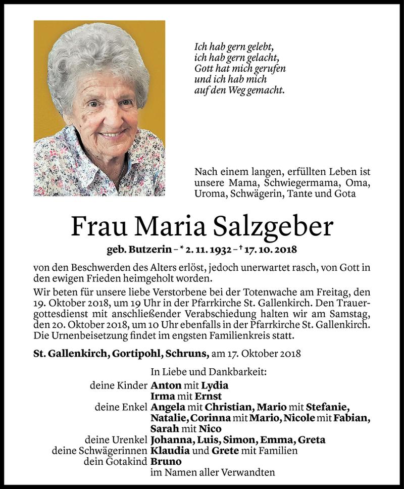  Todesanzeige für Maria Salzgeber vom 17.10.2018 aus Vorarlberger Nachrichten