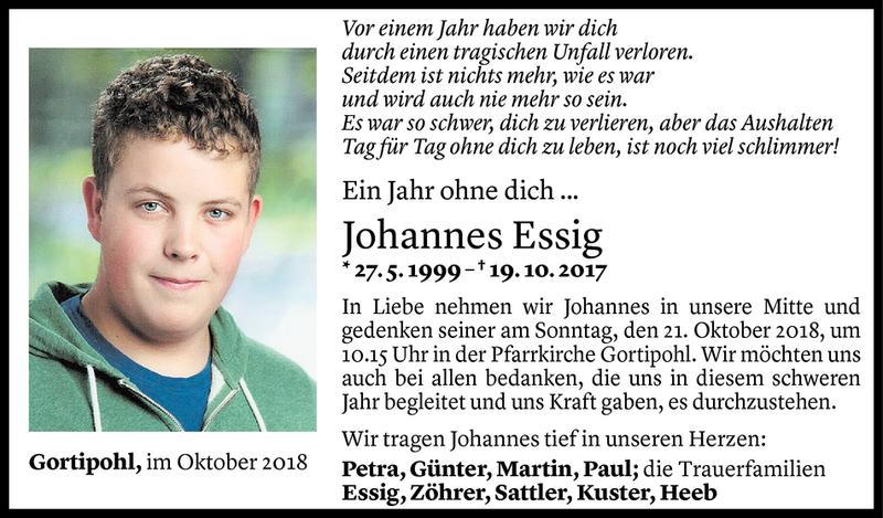  Todesanzeige für Johannes Essig vom 18.10.2018 aus Vorarlberger Nachrichten