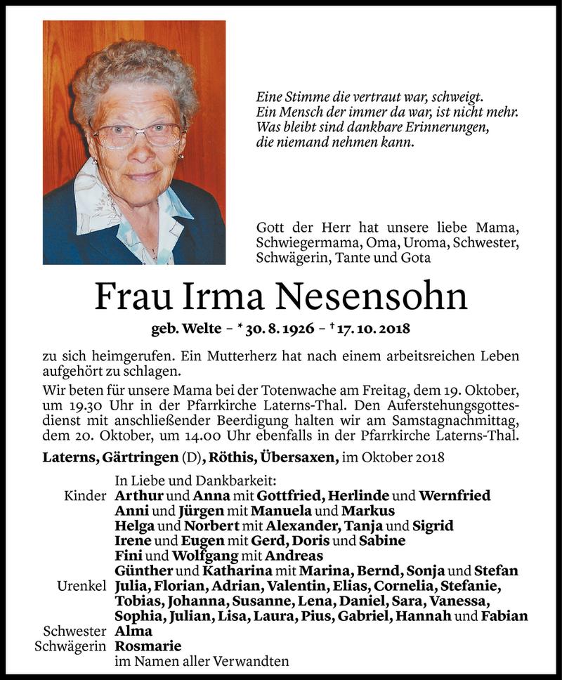  Todesanzeige für Irma Nesensohn vom 19.10.2018 aus Vorarlberger Nachrichten