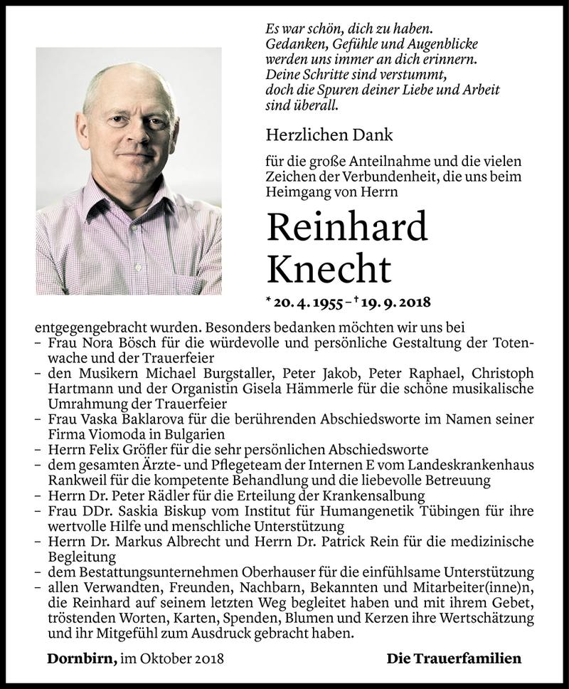 Todesanzeige für Reinhard Knecht vom 19.10.2018 aus Vorarlberger Nachrichten