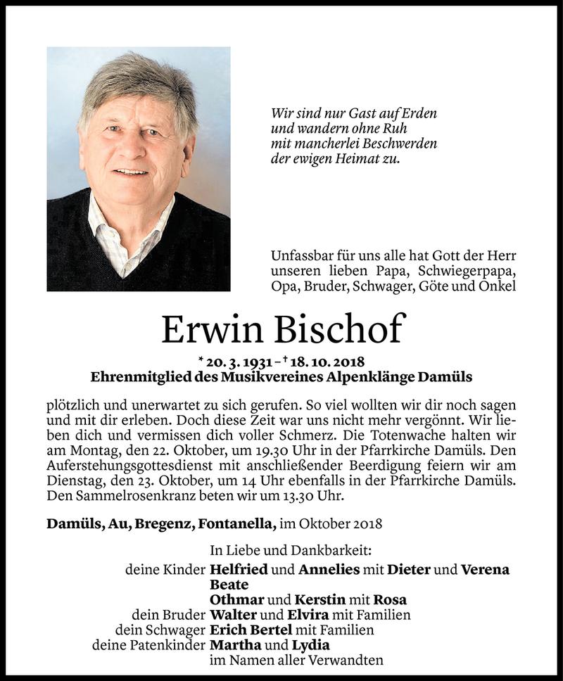  Todesanzeige für Erwin Bischof vom 19.10.2018 aus Vorarlberger Nachrichten