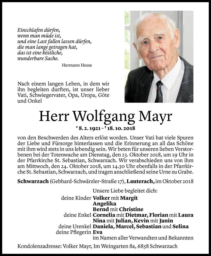  Todesanzeige für Wolfgang Mayr vom 19.10.2018 aus Vorarlberger Nachrichten