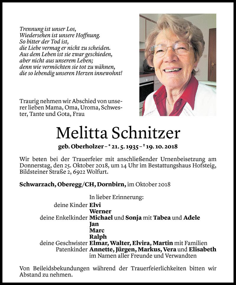  Todesanzeige für Melitta Schnitzer vom 22.10.2018 aus Vorarlberger Nachrichten