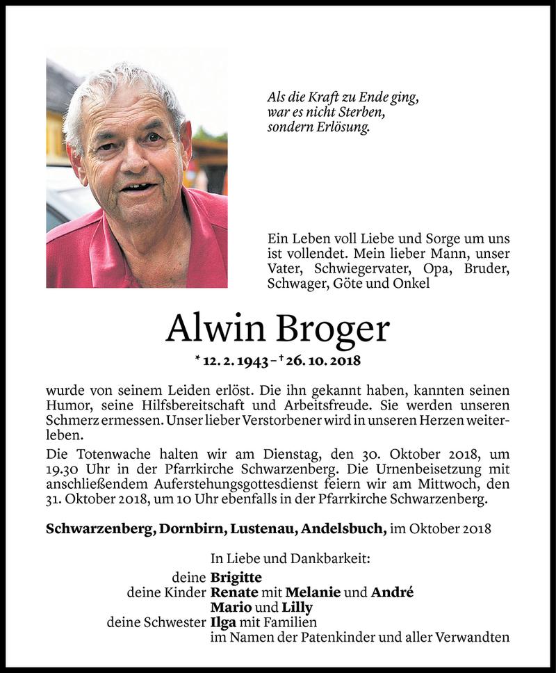  Todesanzeige für Alwin Broger vom 28.10.2018 aus Vorarlberger Nachrichten