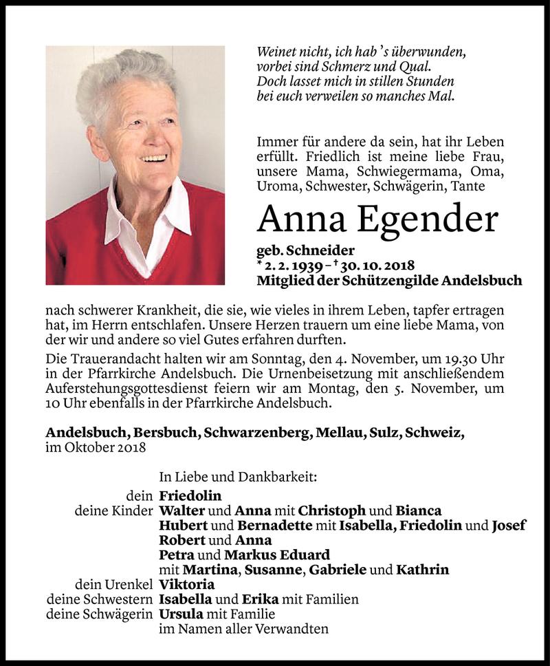  Todesanzeige für Anna Egender vom 02.11.2018 aus Vorarlberger Nachrichten