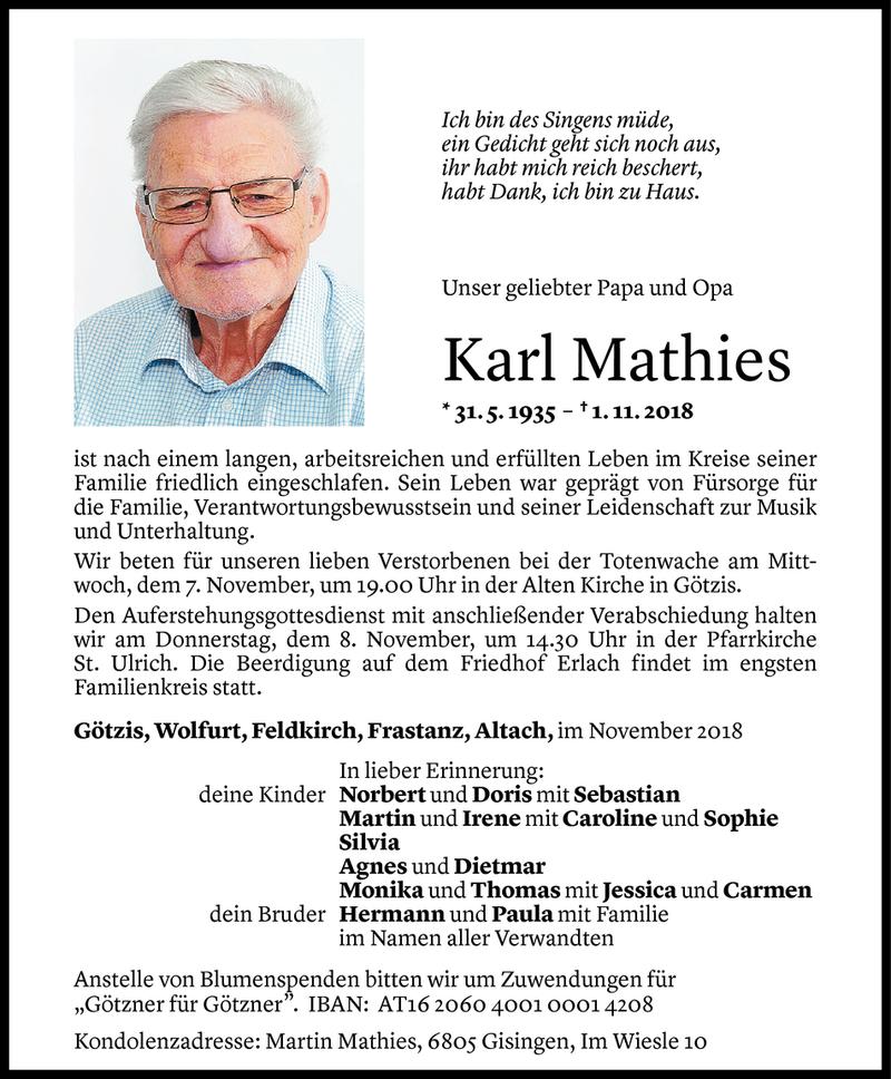  Todesanzeige für Karl Mathies vom 03.11.2018 aus Vorarlberger Nachrichten