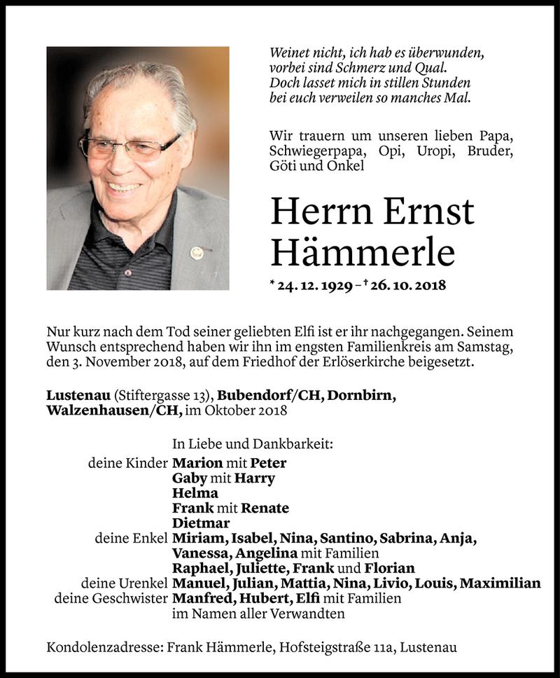  Todesanzeige für Ernst Hämmerle vom 05.11.2018 aus Vorarlberger Nachrichten