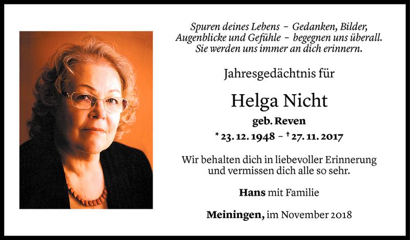  Todesanzeige für Helga Nicht vom 27.11.2018 aus Vorarlberger Nachrichten
