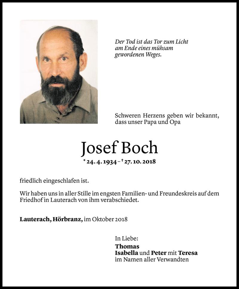  Todesanzeige für Josef Boch vom 08.11.2018 aus Vorarlberger Nachrichten