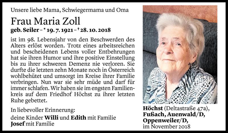  Todesanzeige für Maria Zoll vom 08.11.2018 aus Vorarlberger Nachrichten