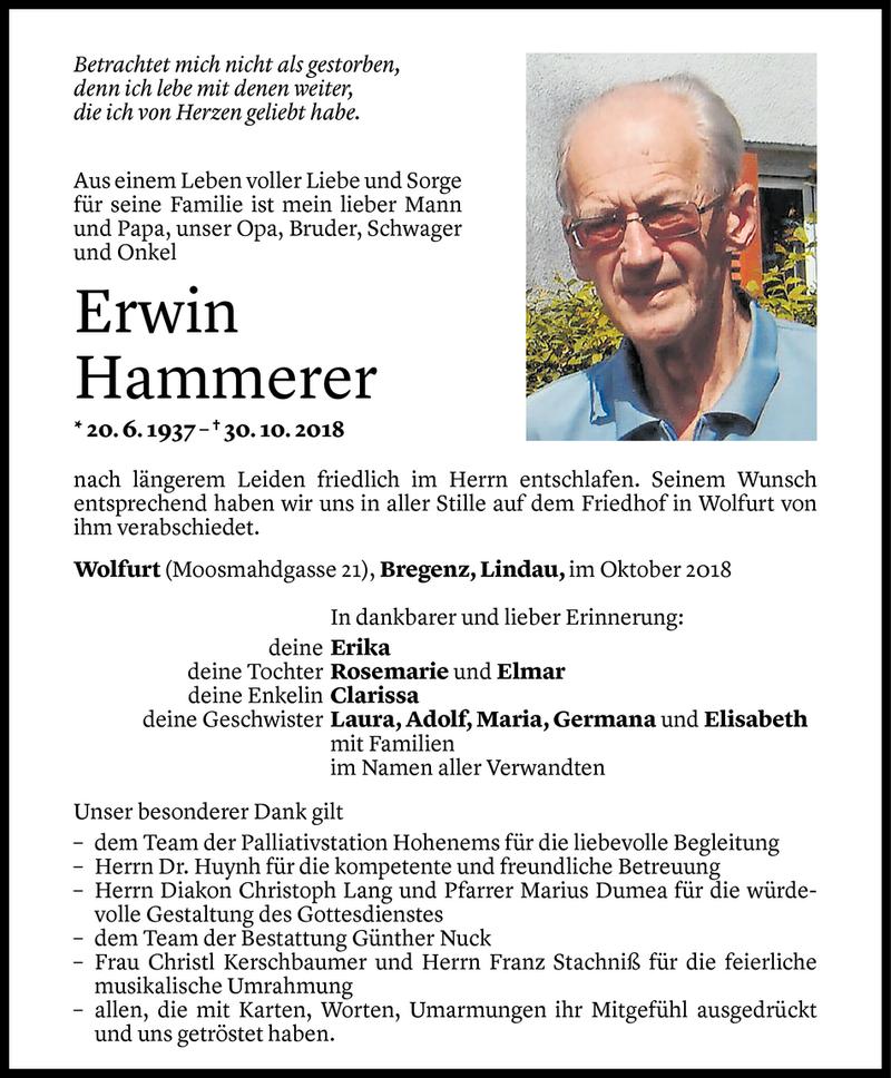  Todesanzeige für Erwin Hammerer vom 11.11.2018 aus Vorarlberger Nachrichten