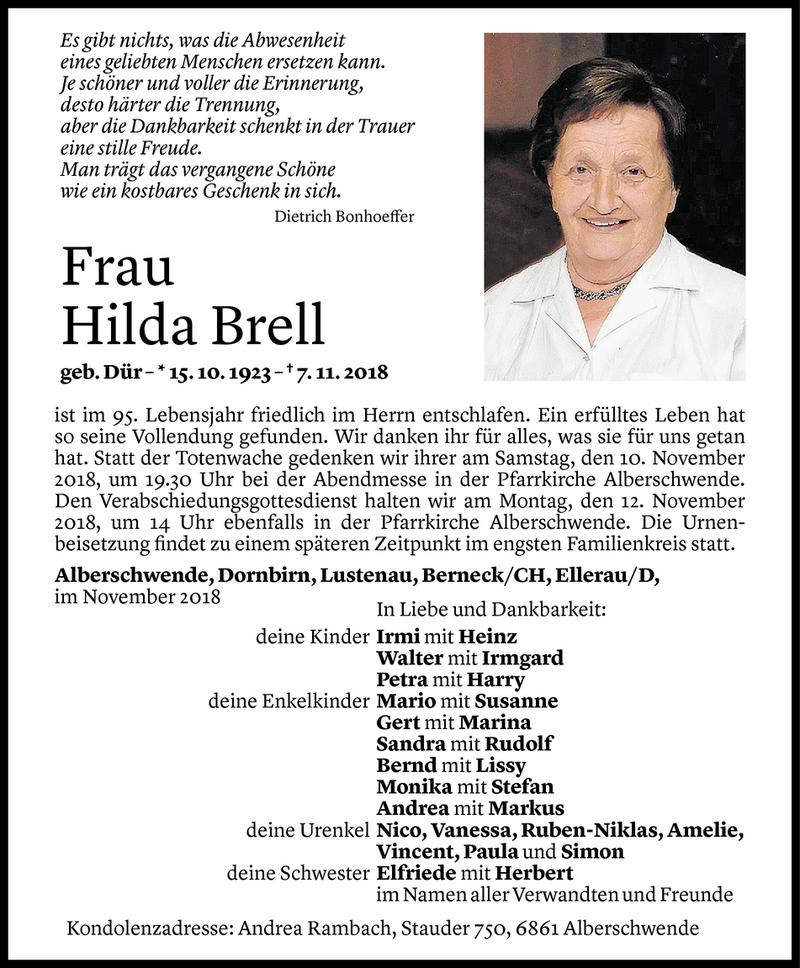  Todesanzeige für Hilda Brell vom 08.11.2018 aus Vorarlberger Nachrichten