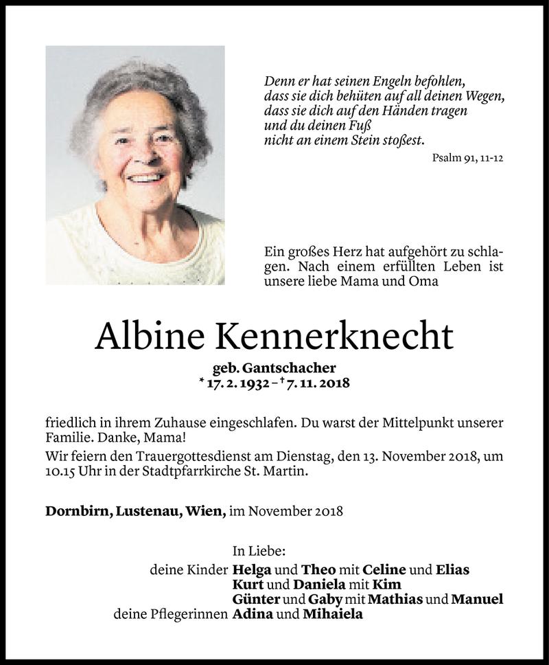  Todesanzeige für Albine Kennerknecht vom 09.11.2018 aus Vorarlberger Nachrichten