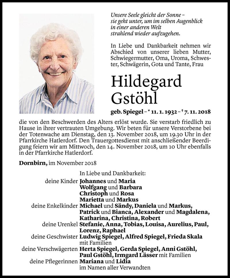  Todesanzeige für Hildegard Gstöhl vom 11.11.2018 aus Vorarlberger Nachrichten