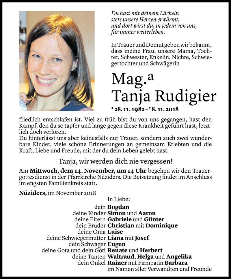  Todesanzeige für Tanja Rudigier vom 12.11.2018 aus Vorarlberger Nachrichten